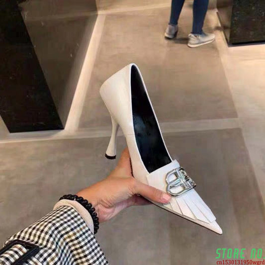 Europe and the United States bb letter metal buckle pointed high heels in autumn and winternew white fashion shoes for women