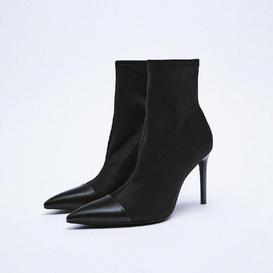 ZA Thin High Heel Short Boots  Autumn And Winter New Black Fashion Pointed Toe Mid-calf Thin heel Morden Boots