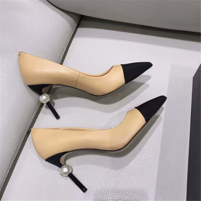 Pearl heel pointed high heels women  new autumn color matching stiletto pumps