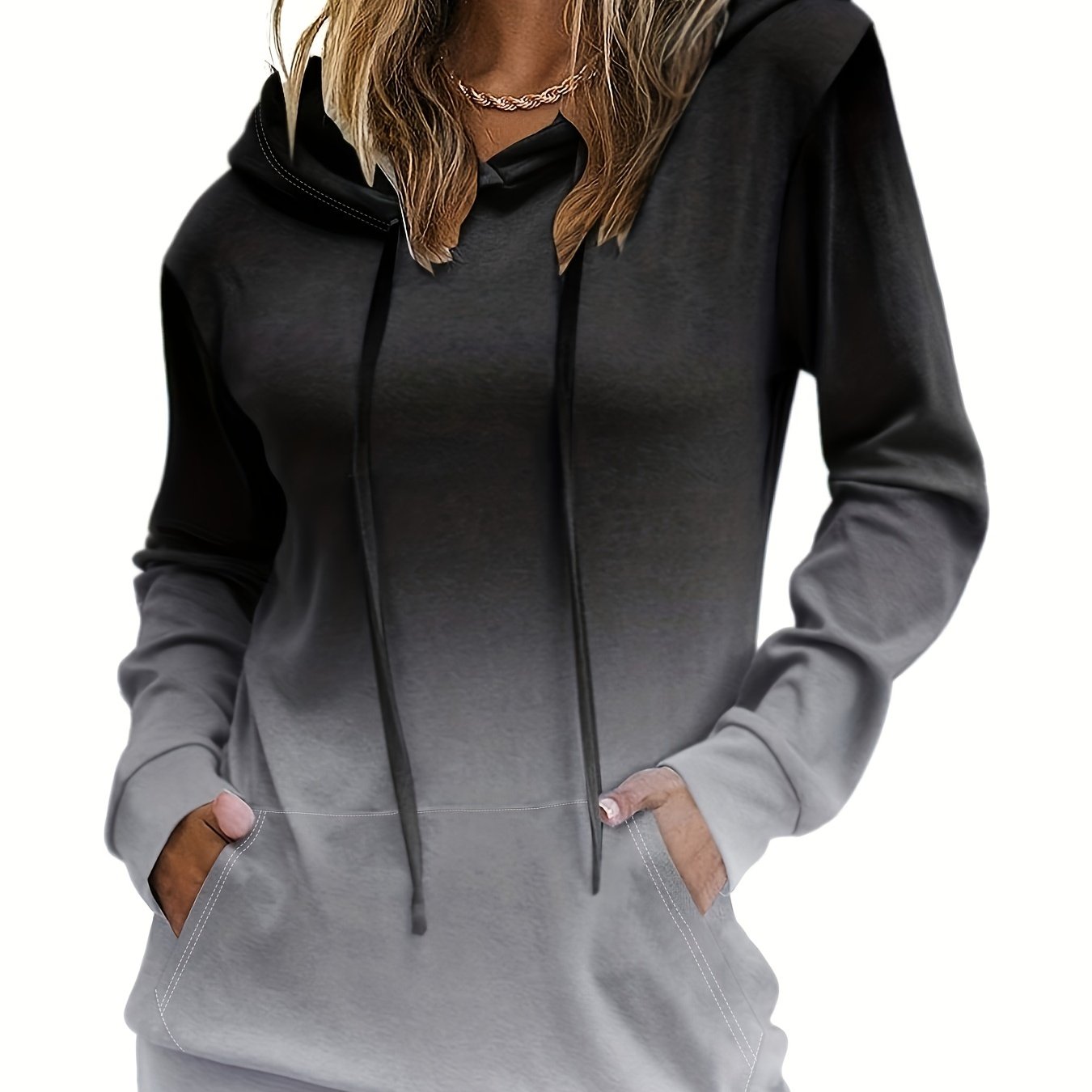 Trendy Ombre Kangaroo Pocket Hoodie - Soft Casual Long Sleeve Drawstring Sweatshirt with Relaxed Fit, Cozy Fabric, and Stylish Color Gradient - Perfect for Women's Everyday Wear