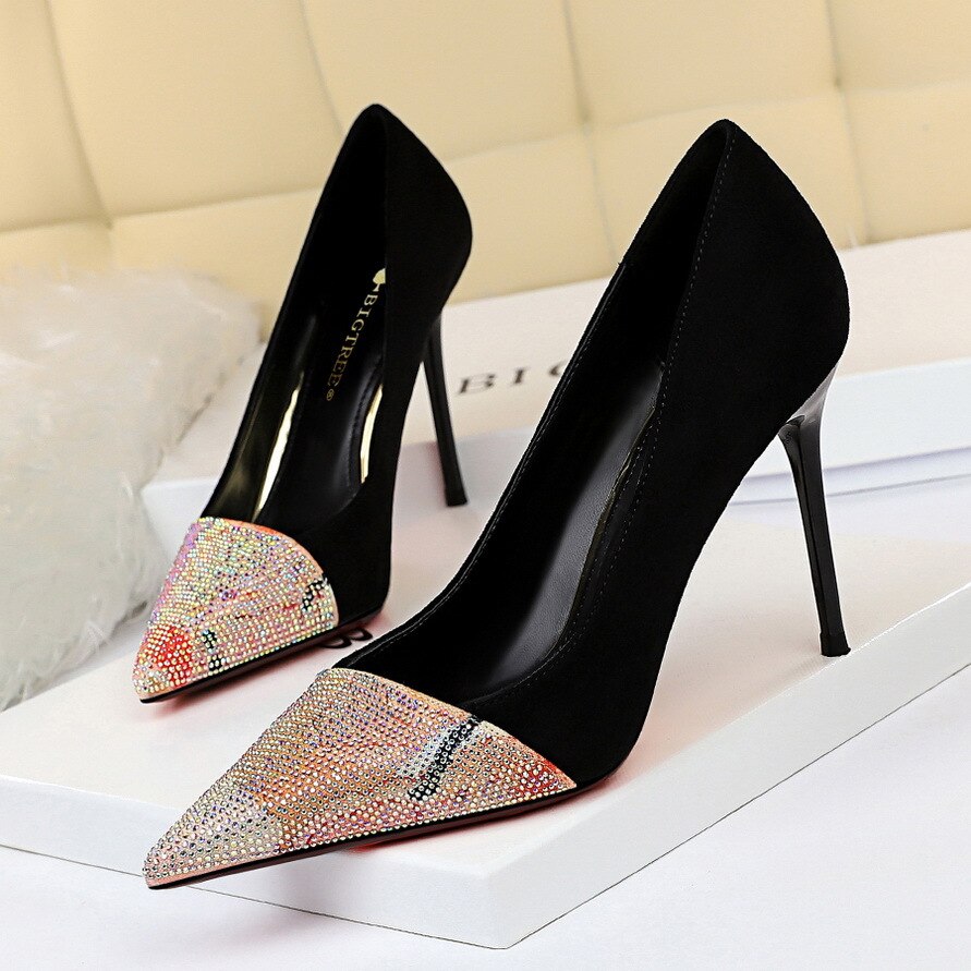 Sexy Nightclub Skinny High Heels Women's Shoes Thin Heeled Suede Shallow Mouth Pointed Color Matching Crystal Shoes