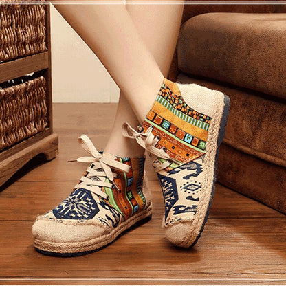 Women's Linen Embroidered Cloth Shoes, Women's Flat High-Top Ankle Boots Retro Chinese Style Hanfu Embroidered Shoes