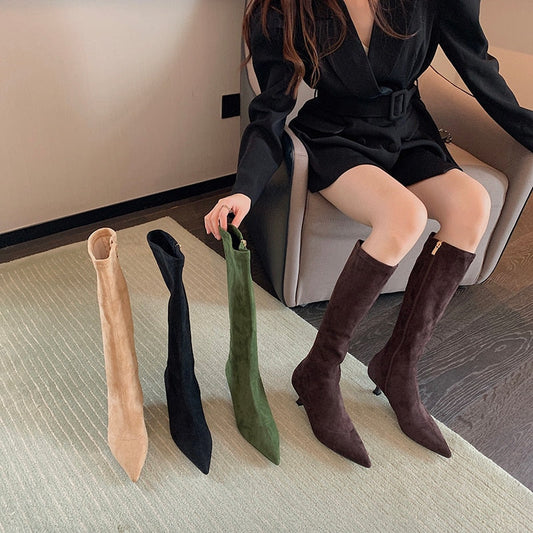 Fashion Women Knee Boots Sock Stretch Booties Autumn Winter Flock Botas Thin Low Heels Side Zipper Pointed Toe Pumps Black/Green