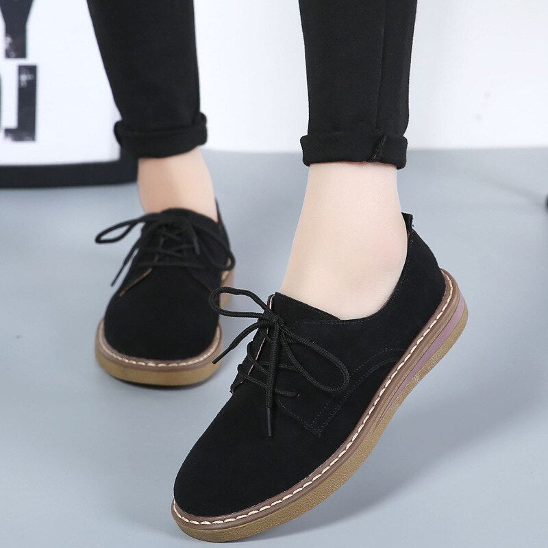 GHJIOL  Spring Women Flats Shoes Women Sneakers Leather Suede Lace Up Boat Shoes Round Toe Flats Moccasins Oxford For Women