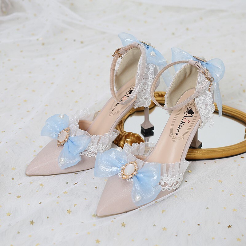 Vintage French Style Sweet Girls' Adult Ceremony High Heels Elegant Embroidered Lolita Hand Made Pointed Toe Wedding Loli Shoes