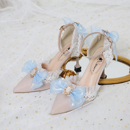 Vintage French Style Sweet Girls' Adult Ceremony High Heels Elegant Embroidered Lolita Hand Made Pointed Toe Wedding Loli Shoes