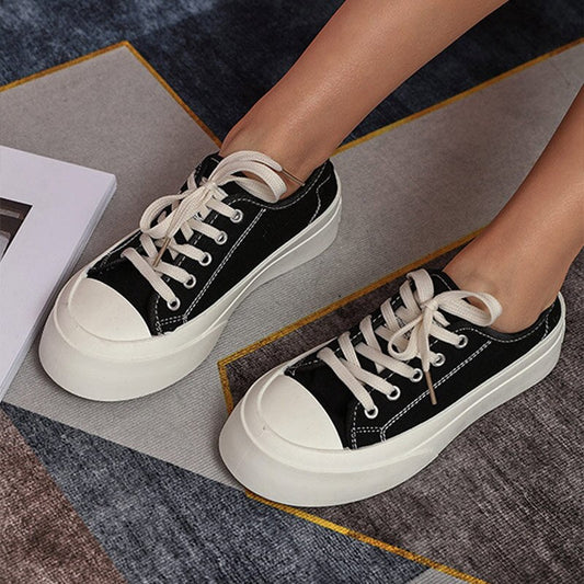 Women Canvas Thick Bottom Female Flats Shoes Lace Up Shallow Ladies Sneakers Spring Solid Classic College Style Platform