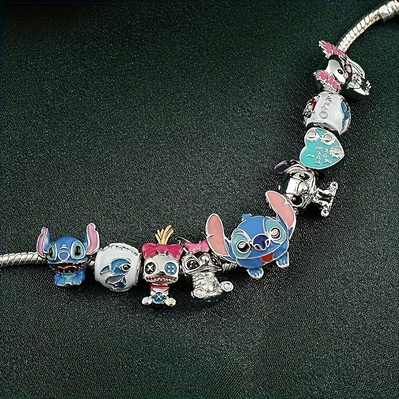 1 pc Disney Stitch Charm Bracelet - Cartoon Beaded Bangle with Silver-Tone Plating, Cute Stitch Beads, and Party Style Design - Perfect Gift for Disney Fans on Valentines Day and All Occasions