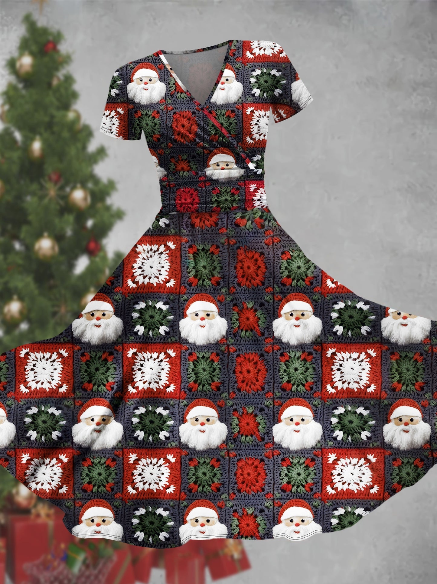 Vintage Christmas Themed Dress for Women - V-Neck Polyester Knit Fabric with Santa and Christmas Tree Print - All-Season Adult Dress with Flared Skirt