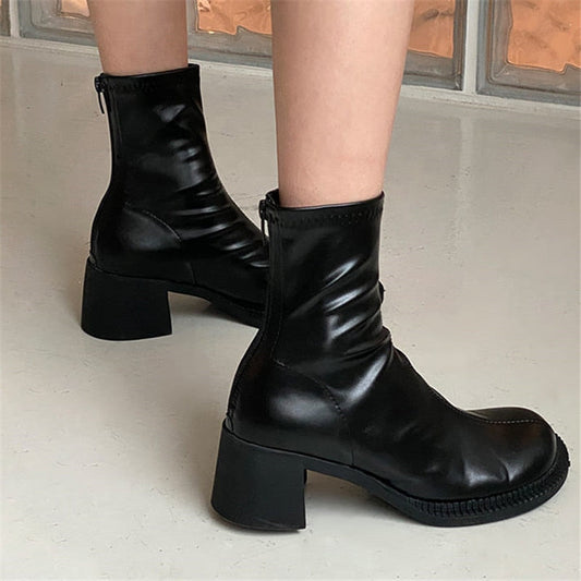xiangtuibao Sexy Black Women Ankle Boots Chunky High Heel Elastic Sock Boot Ladies Shoes Round Toe Slim Fit Short Booties Autumn Botas Mujer