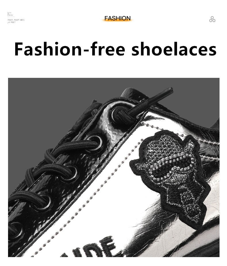 New Stylish Shiny Mens Casual Shoes Original Street Designer Skateboard Shoes Men Black White Mirror Sneakers Zapatillas Hombre