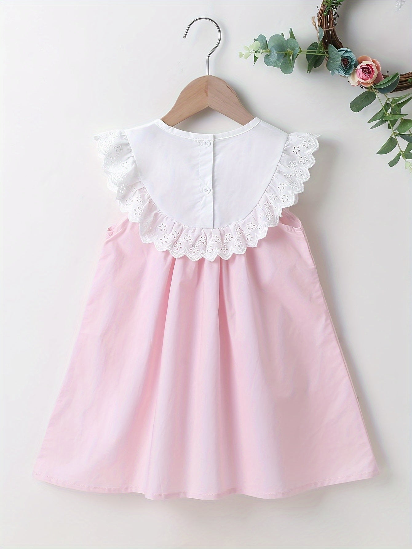 Adorable Girls Lace Dress with Delicate Collar - Charming Floral Embroidery, Soft Cotton, Comfort Fit, Sleeveless Design - Perfect for Little Fashionistas