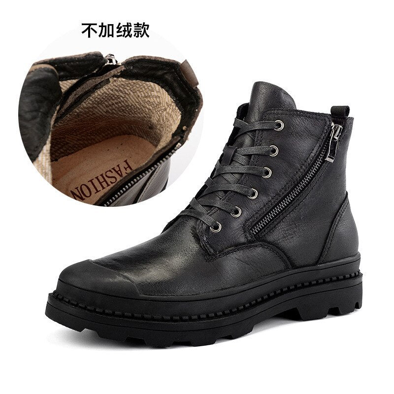 xiangtuibao  New Men's Casual Martin Boots Leather Work Shoes Plus Velvet Men's Boots Toe Layer Cowhide British Trendy Shoes Boots