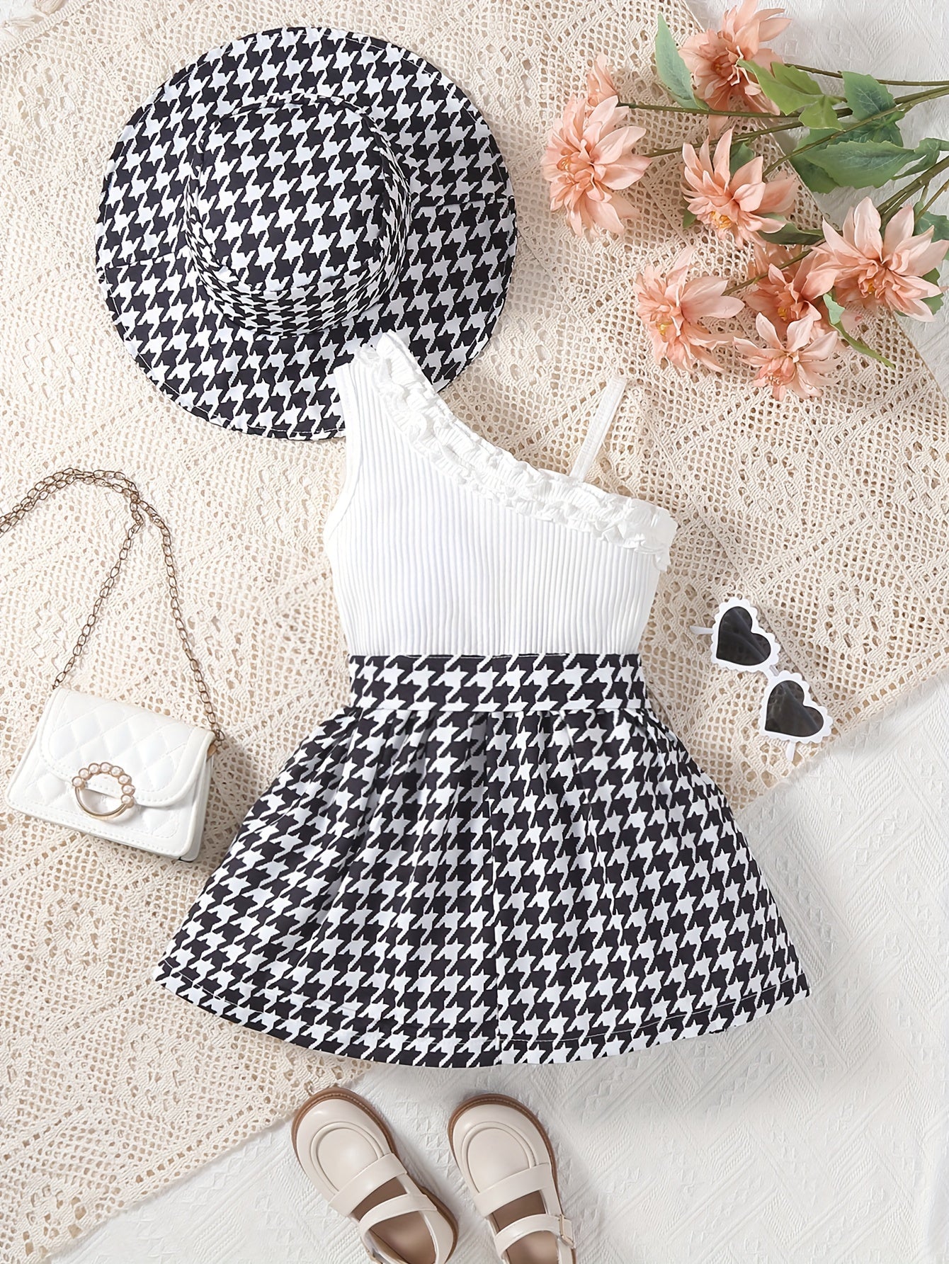 Toddler Girls Splicing Ruffle Trim Sleeveless Houndstooth Pattern Dress With Hat For Spring Summer Party