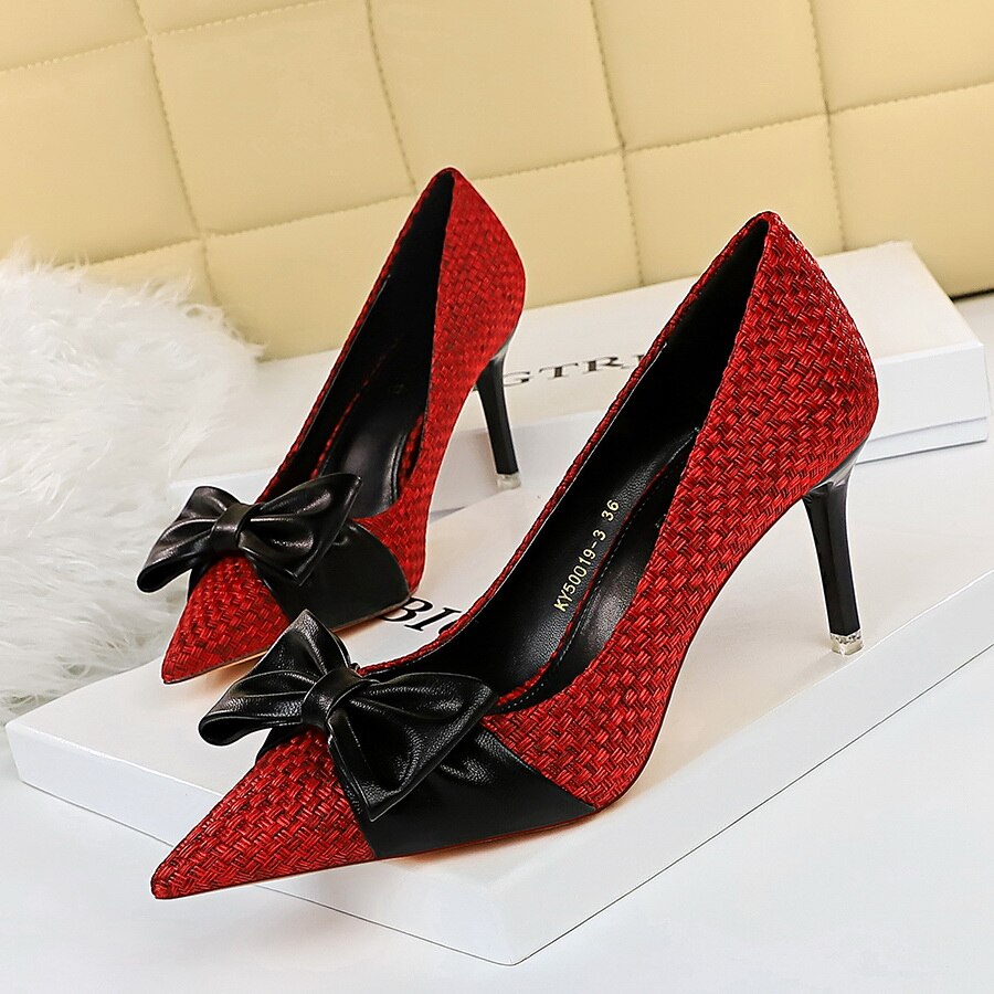 Butterfly-knot Pointed Toe Pumps Women fashion High Heels Shoes Slip on shoes shallow Weave Slides mixed color Zapatos De Mujer