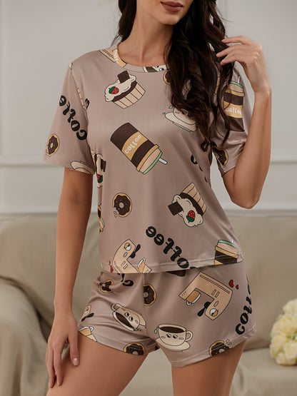 Womens Casual Short Sleeve Cake & Coffee & Letter Print Pajama Set - Soft Micro Elastic Polyester Knit Fabric, Crew Neck, All Over Random Print, Elastic Shorts for Loungewear & Sleepwear - Perfect for All Seasons