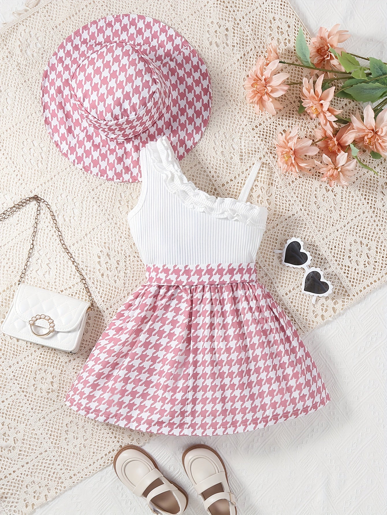 Toddler Girls Splicing Ruffle Trim Sleeveless Houndstooth Pattern Dress With Hat For Spring Summer Party