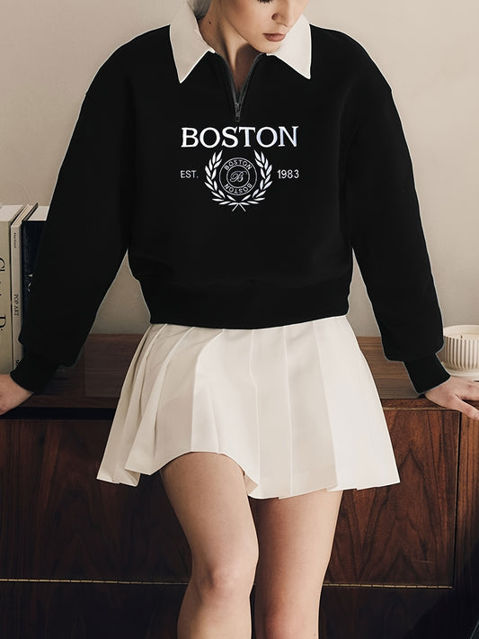 Boston Print Zip Sweatshirt, Casual Long Sleeve Polo Collar Sweatshirt, Women's Clothing