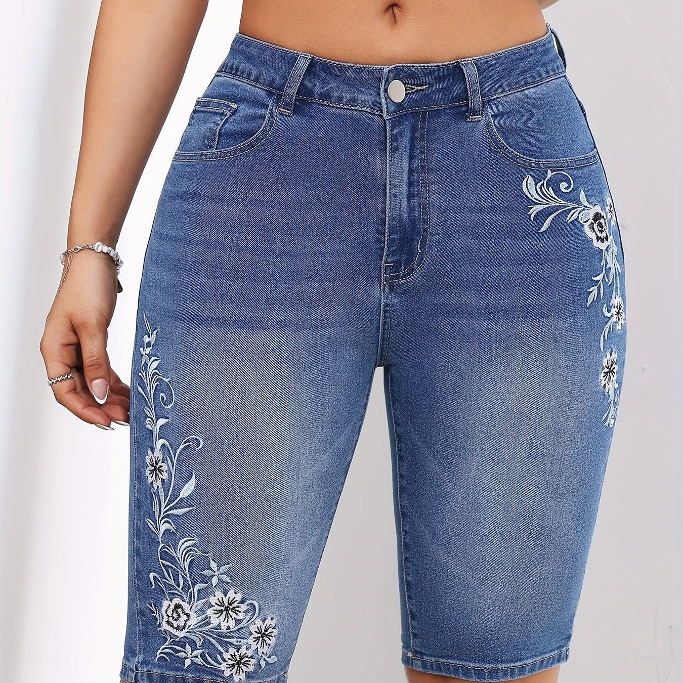 Washed Blue Embroidered Floral Bermuda Denim Shorts - Faded Relaxed Fit with Secure Zipper Button Closure, Stretchy Fabric, and Elegant Design - Womens Casual Denim Shorts for Summer