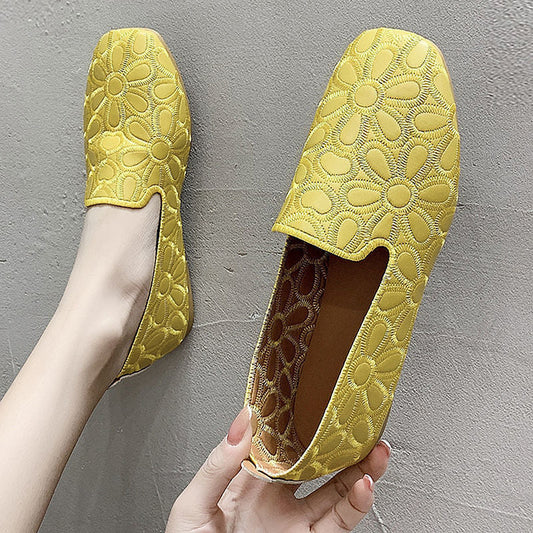 xiangtuibao Square Toe Loafers Women Soft Leather Flats Ladies Hollow Out Flat Shoes Woman Flats Embroidery Loafers