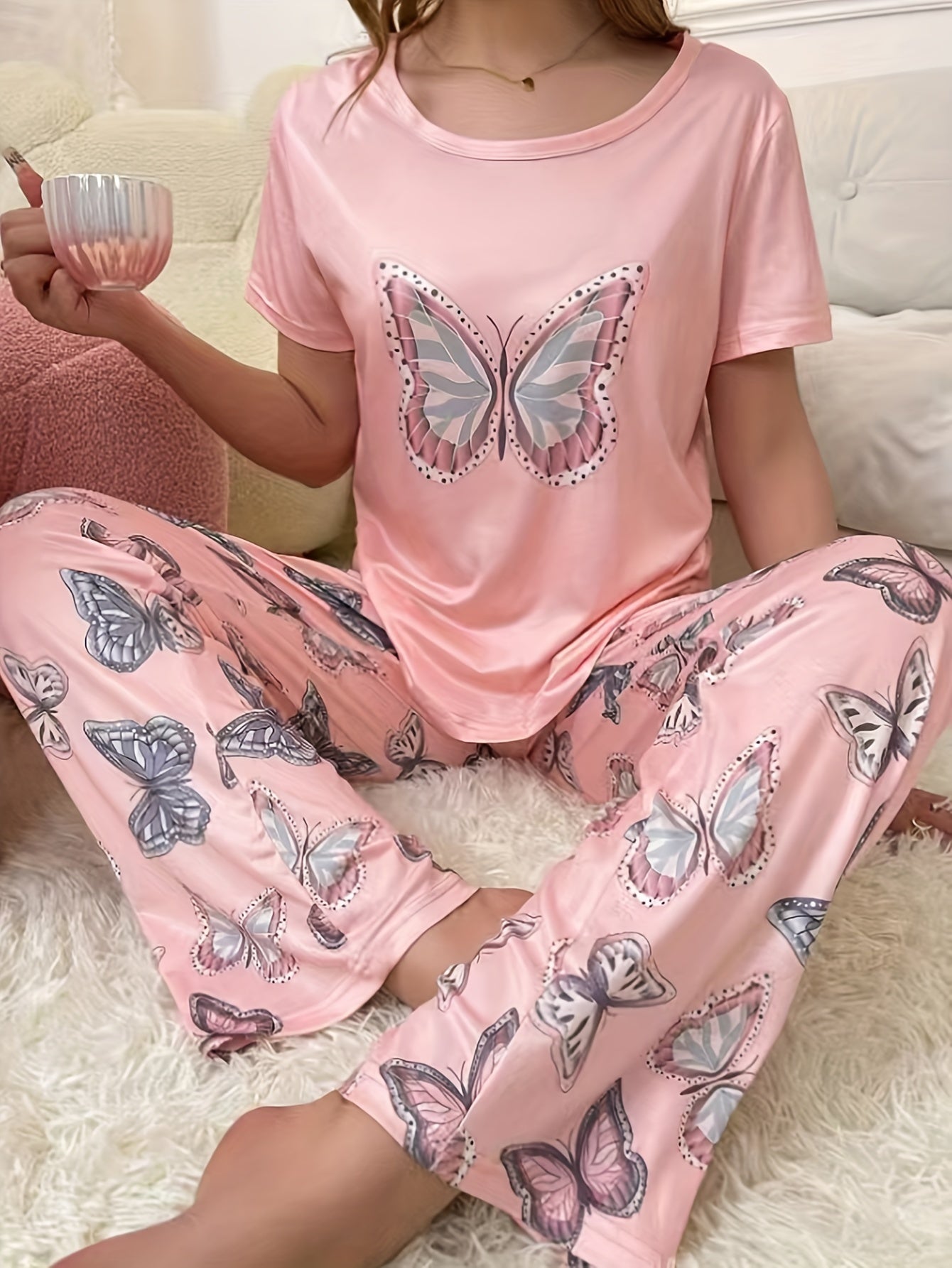 Soft & Cozy Butterfly Print Pajama Set - Crew Neck, Micro Elasticity, Polyester Material, Machine Washable, Random Printing, All Season - Womens Casual Sleepwear