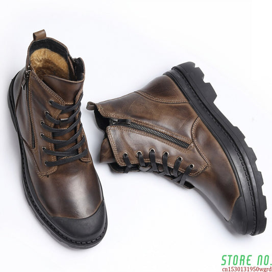 xiangtuibao Natural Cow Leather Men Winter Boots Handmade Retro Men Boots Genuine Leather Men Winter Shoes