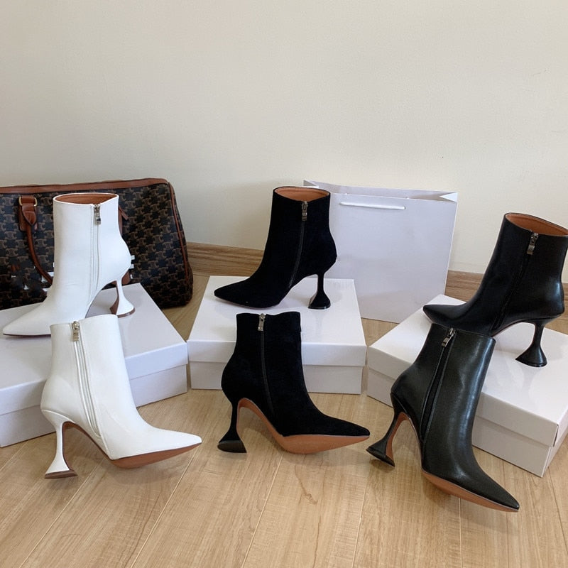 xiangtuibao  Short Boots Women  New Fashion High Heels Pointed Horseshoe Heel Ankle Boots