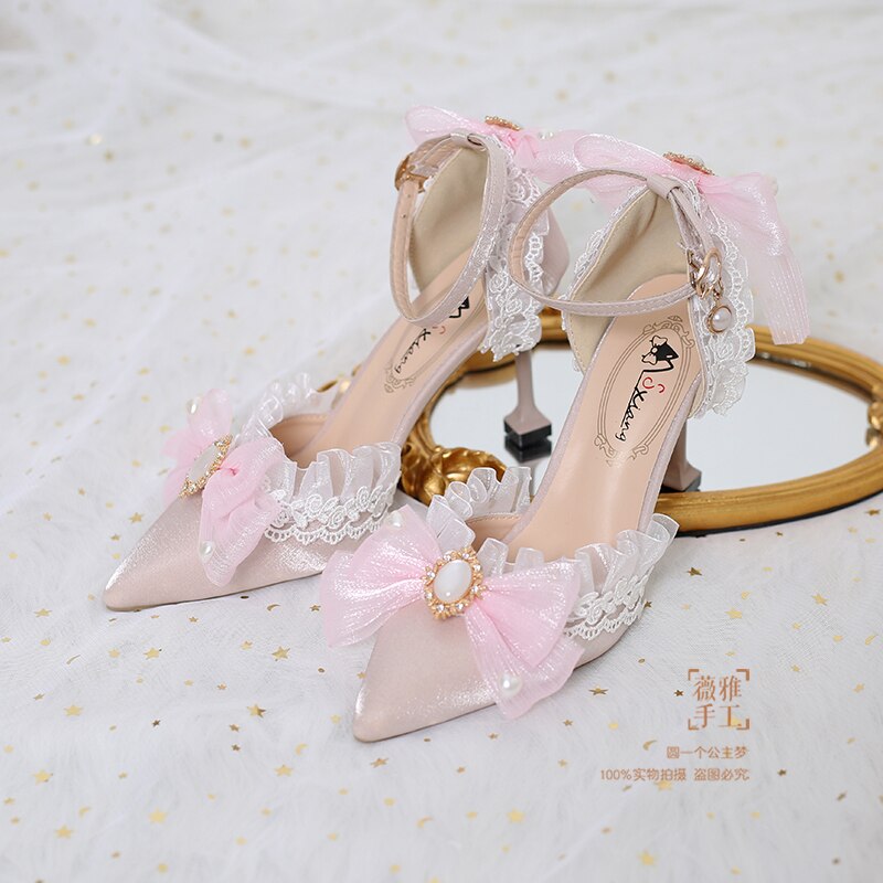 Vintage French Style Sweet Girls' Adult Ceremony High Heels Elegant Embroidered Lolita Hand Made Pointed Toe Wedding Loli Shoes