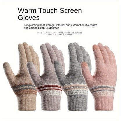 1 Pair Snowflake Pattern Winter Gloves, Full Finger Elastic Knitted Gloves