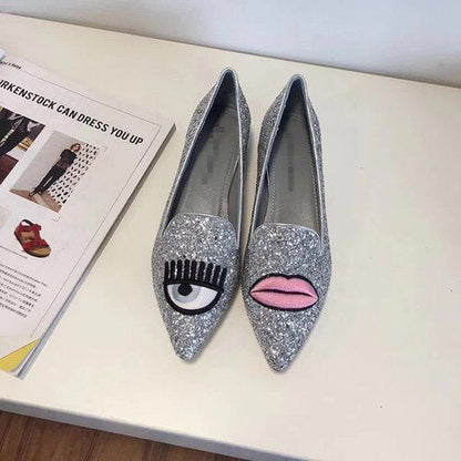 Spring and Autumn New Pointed High Heels Women's Thick Heel Eye Lip Sequin Shallow Mouth Women's Shoes