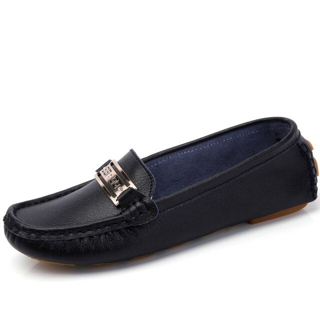 Women's Slip On Leather Loafers Spring Ladies Metal Fashion Flat Shoes Female Sewing Solid Comfort Casual Woman Light Flats Shoe