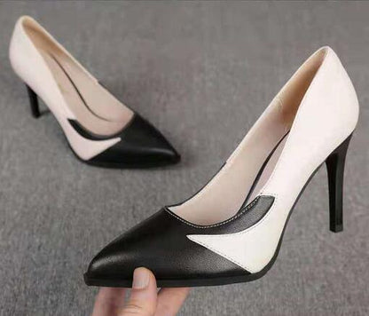 Leather Women's Office  Shoes,Soft Rubber Sole,High Heels,Mixed Colors,Pointed Toe,Slip On,Female Fashion Footware,Black/White