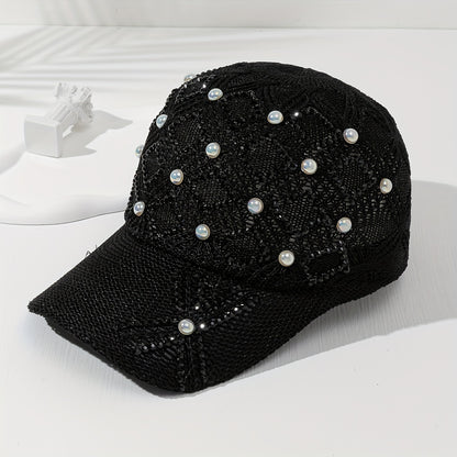 Stylish Women's Summer Sunshade Baseball Cap - Handmade Rhinestones, Knitted Checkered Design, Mesh Breathable, Versatile, Fashionable, and Protective - Perfect for Outdoor Activities