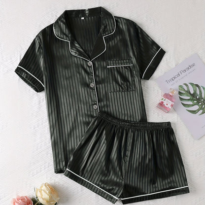 Luxurious Striped Satin Pajamas Set - Short Sleeve Button Top & Soft Shorts - Womens Comfy Sleepwear & Lounging Elegance for a Chic Nighttime Experience