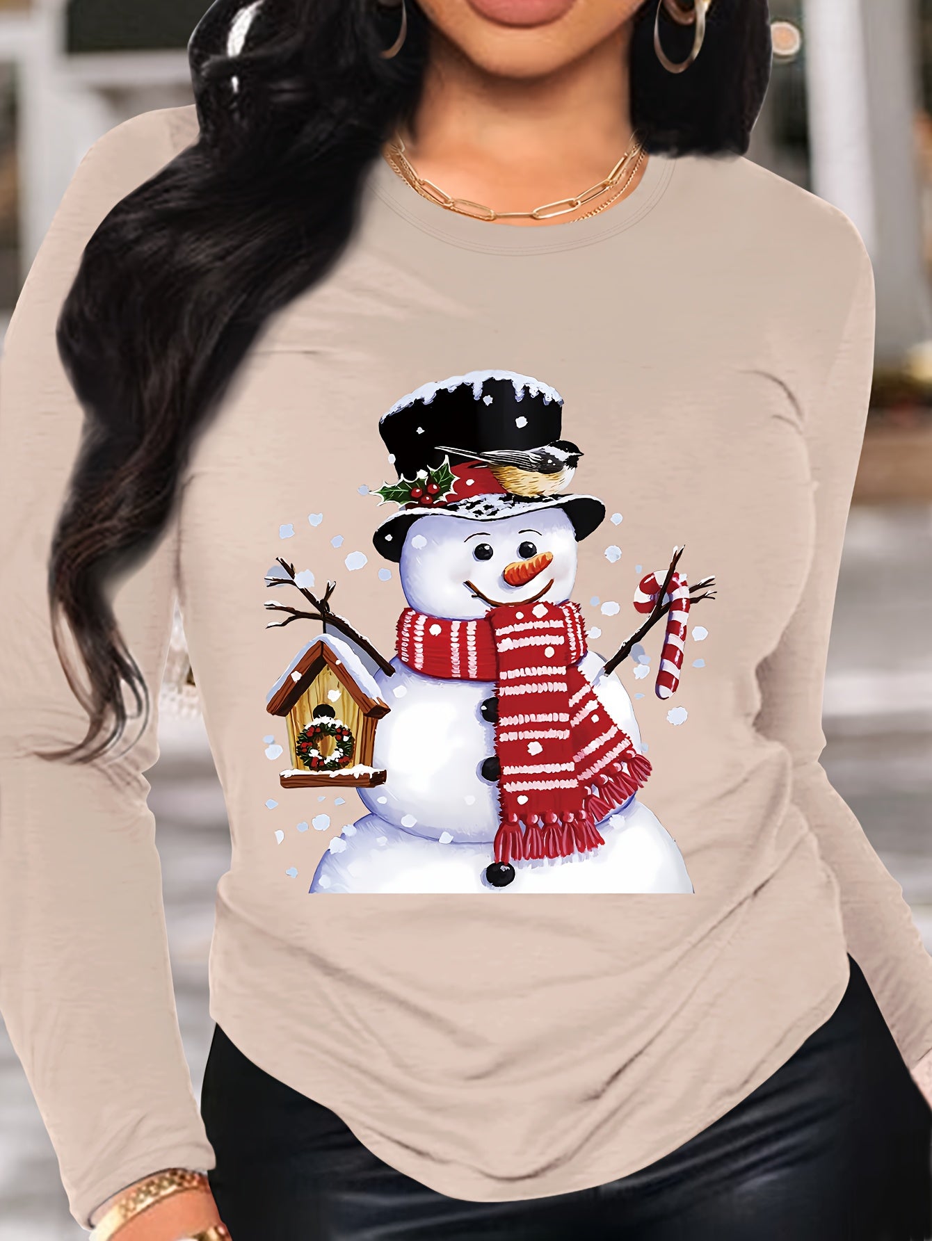 Long Sleeve Christmas Snowman Print T-shirt, Crew Neck Casual Top For Spring & Fall, Women's Clothing