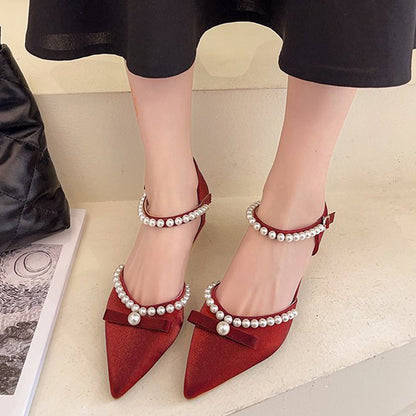 xiangtuibao   Summer Pearl Pumps Women Pointed Toe Ankle Strap High Heels Shoes Woman Med Heel Elegant Bowknot Dress Shoes Ladies