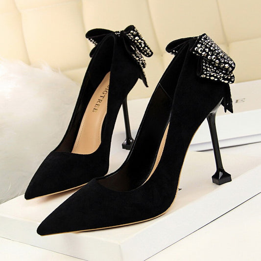 Korean version nightclub slim heel, super high heel, suede, shallow, pointed back diamond butterfly-knotted women's single shoes