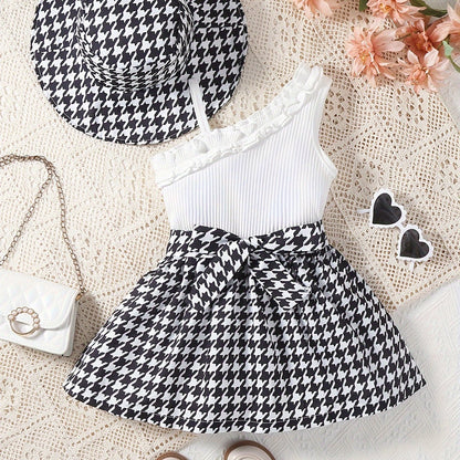 Toddler Girls Splicing Ruffle Trim Sleeveless Houndstooth Pattern Dress With Hat For Spring Summer Party