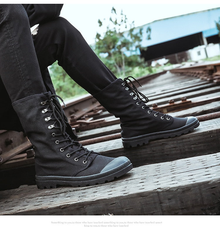 Canvas Men Boots Spring Fashion Men Casual Shoes Mid-calf Male Military Tactical Boots Lace Up Comfortable Man Sneakers