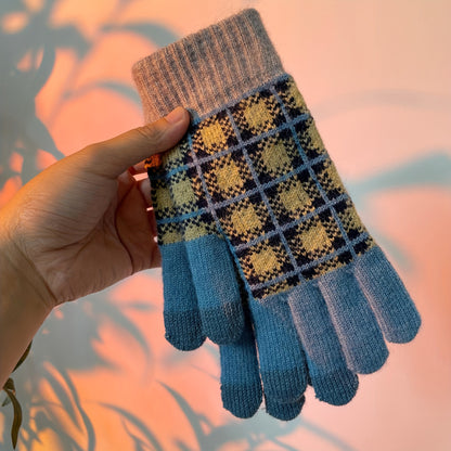 1 Pair Gingham Print Knitted Gloves, Unisex Full Finger Warm Winter Gloves, Touch Screen Hand Warmer Gloves For Cycling Driving