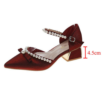 xiangtuibao   Summer Pearl Pumps Women Pointed Toe Ankle Strap High Heels Shoes Woman Med Heel Elegant Bowknot Dress Shoes Ladies