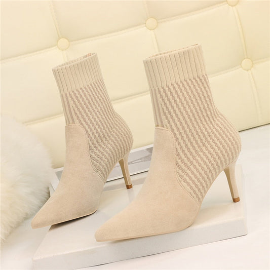 xiangtuibao   Winter Sock Boots Sexy Knitting Stretch Boots High Heels for Women Fashion Shoes Female Stripe Autumn Ankle Boots Booties