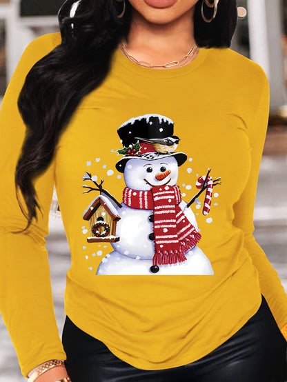 Long Sleeve Christmas Snowman Print T-shirt, Crew Neck Casual Top For Spring & Fall, Women's Clothing