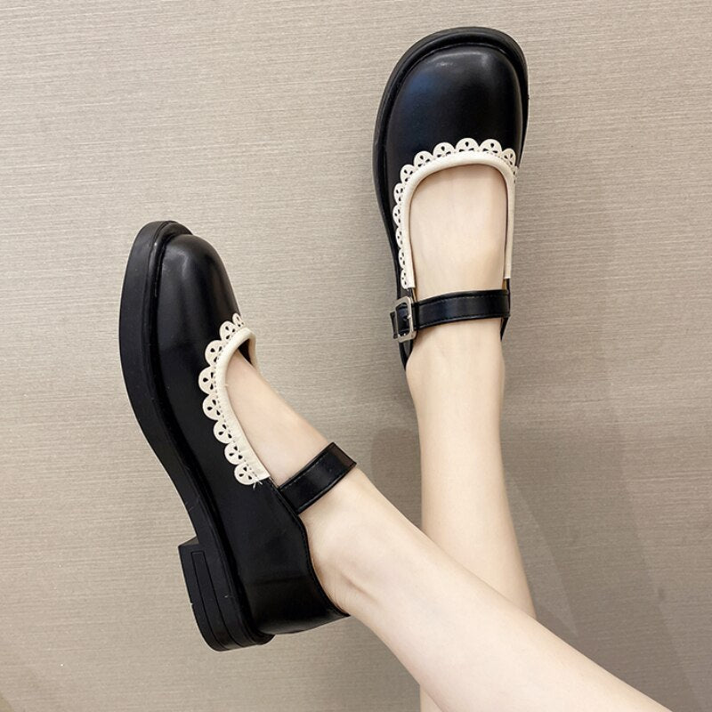 Lucyever Fancy Lace Round Toe Mary Janes Shoes Women  Ankle Strap Square Heels Pumps Woman Pu Leather Low Heel Lolita Shoes