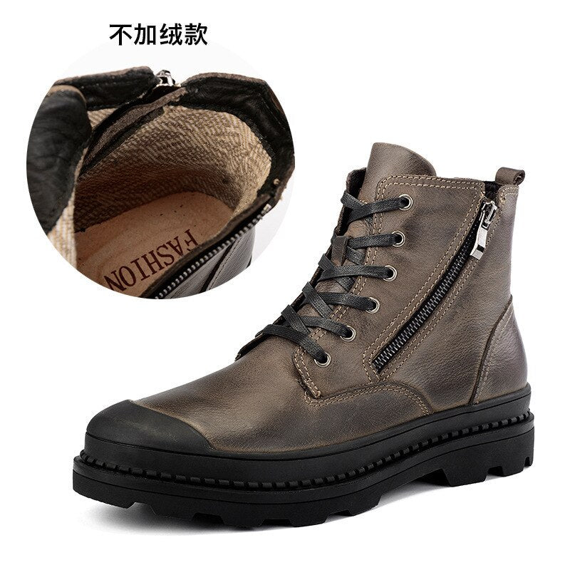 xiangtuibao  New Men's Casual Martin Boots Leather Work Shoes Plus Velvet Men's Boots Toe Layer Cowhide British Trendy Shoes Boots