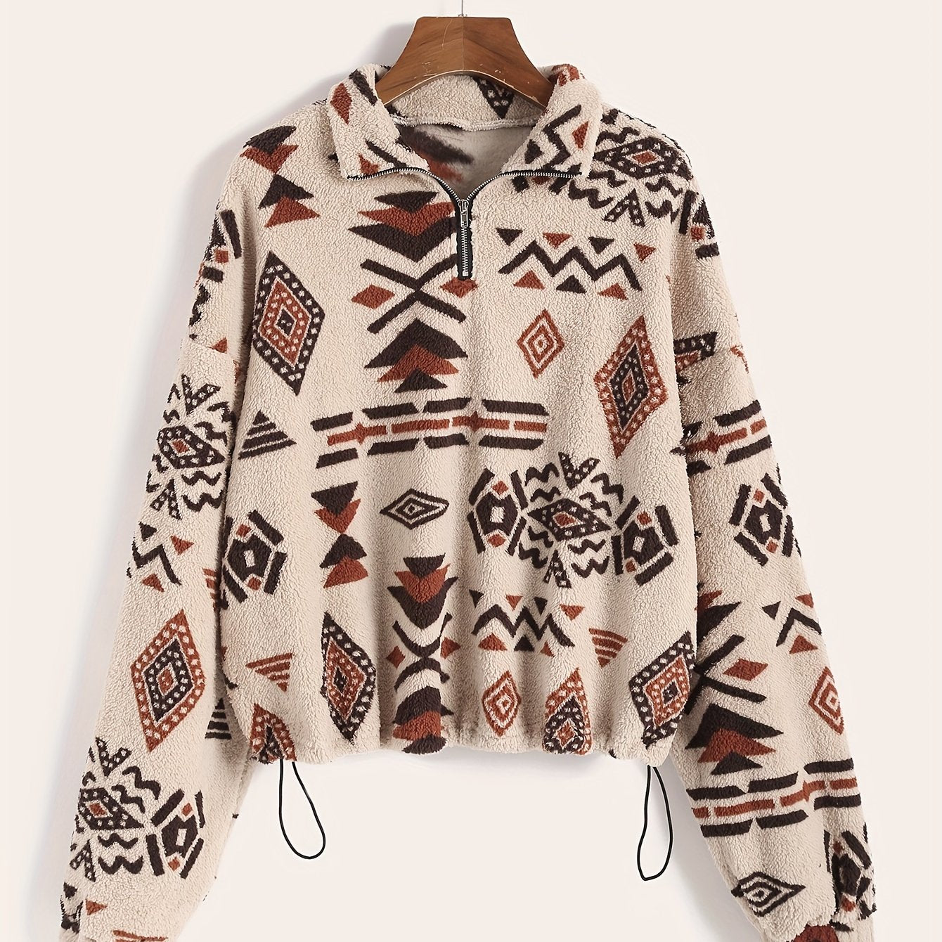 Trendy Ethnic Print Zip-Up Hoodie - Stylish Long Sleeve Drop Shoulder Outwear for Chic Winter & Fall Looks - Womens Comfortable Casual Clothing