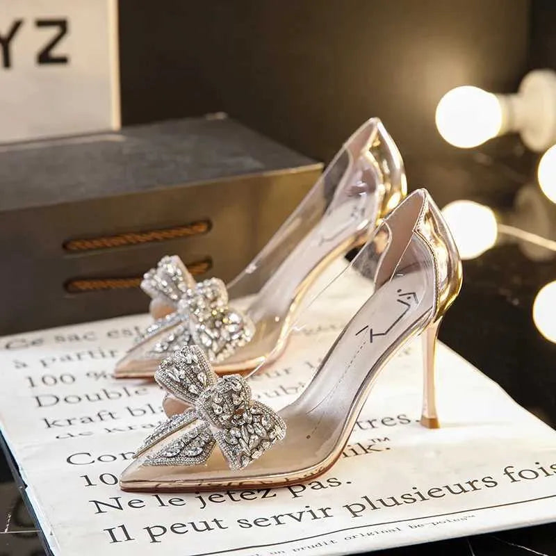 Dress Shoes Autumn New Pointed Crystal Fairy Ladies Wind Sandals Rhinestone Butterfly-knot Transparent High Heel Women Sandals Fashion Shoes H240521 PBZB