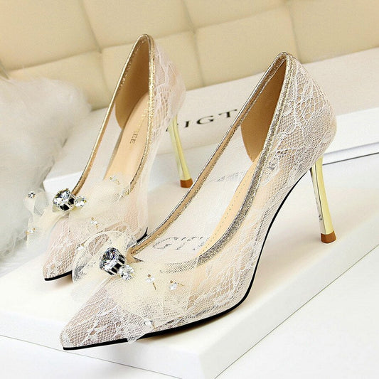 Korean version of women's shoes metal heel high heel shallow mouth mesh hollow lace water drill bow single shoes