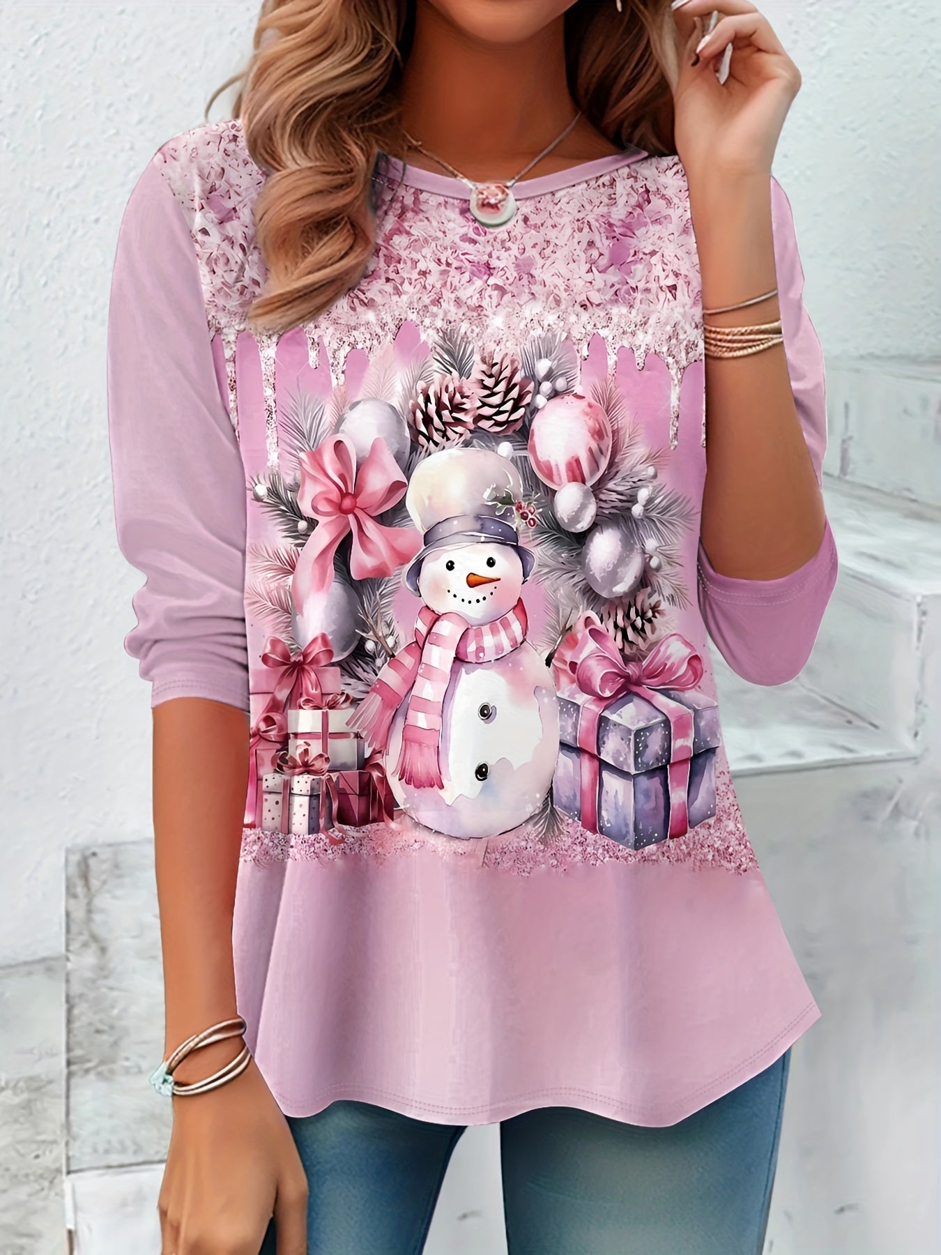 Chic Christmas Snowman & Gift Print Long Sleeve T-Shirt for Women - Comfy Polyester Blend, Machine Washable