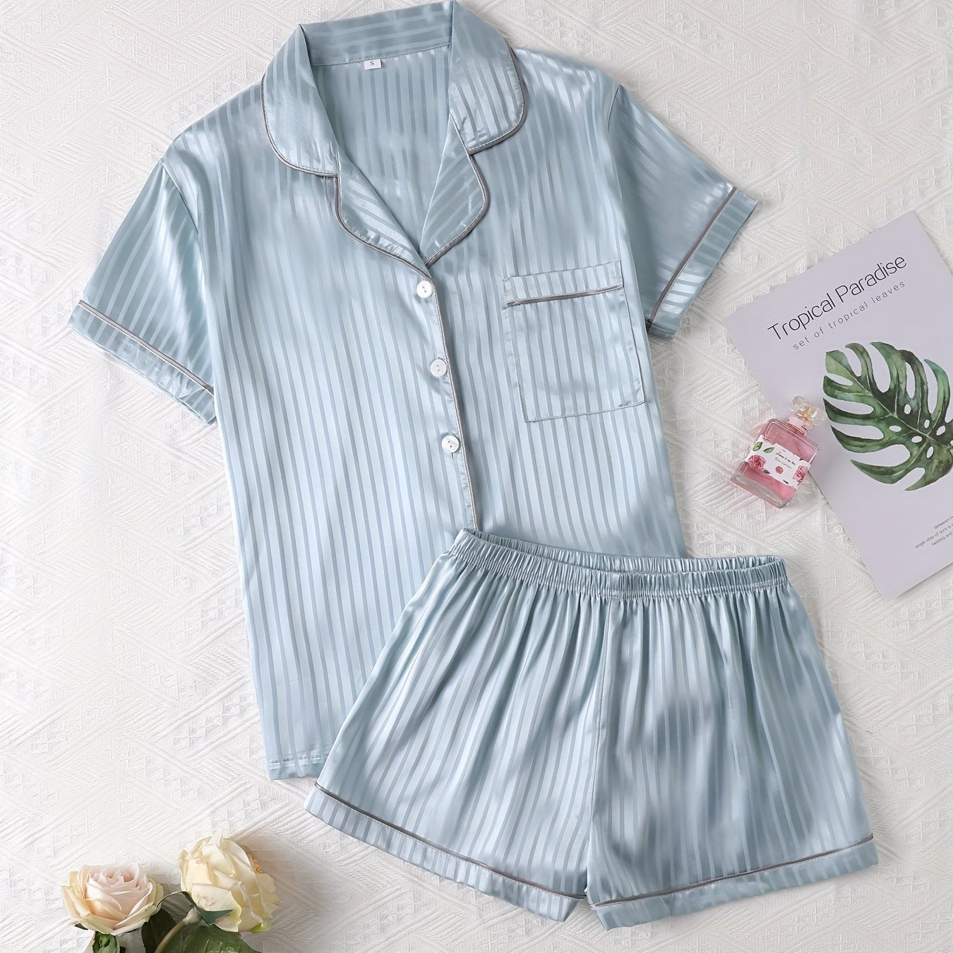 Luxurious Striped Satin Pajamas Set - Short Sleeve Button Top & Soft Shorts - Womens Comfy Sleepwear & Lounging Elegance for a Chic Nighttime Experience